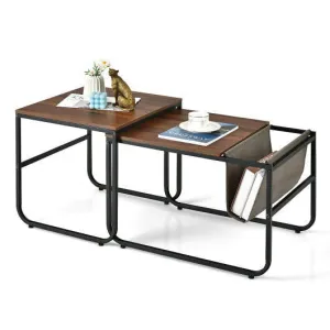 Set of 2 Nesting Coffee Tables with Side Pocket for Living Room Bedroom-Rustic B