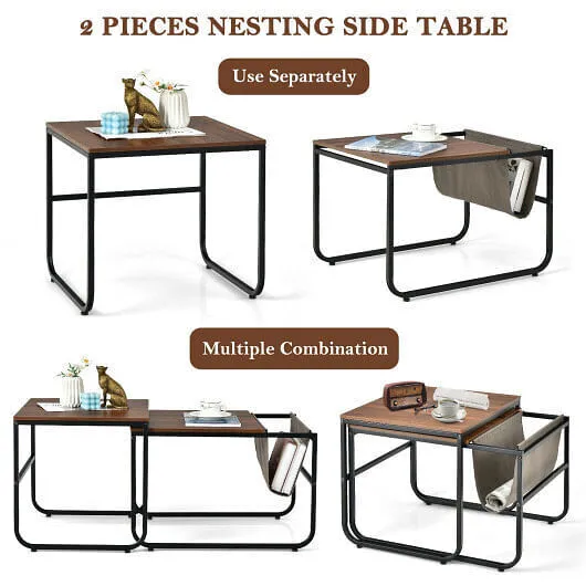 Set of 2 Nesting Coffee Tables with Side Pocket for Living Room Bedroom-Rustic B