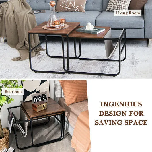 Set of 2 Nesting Coffee Tables with Side Pocket for Living Room Bedroom-Rustic B