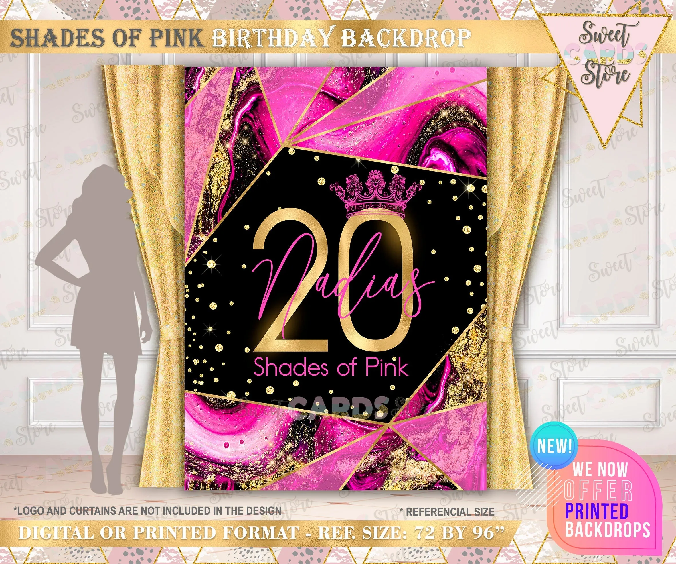 Shades of pink birthday backdrop 20th 30th 40th birthday backdrop pink black marble backdrop sweet 16 hot pink backdrop glitter banner DSH03