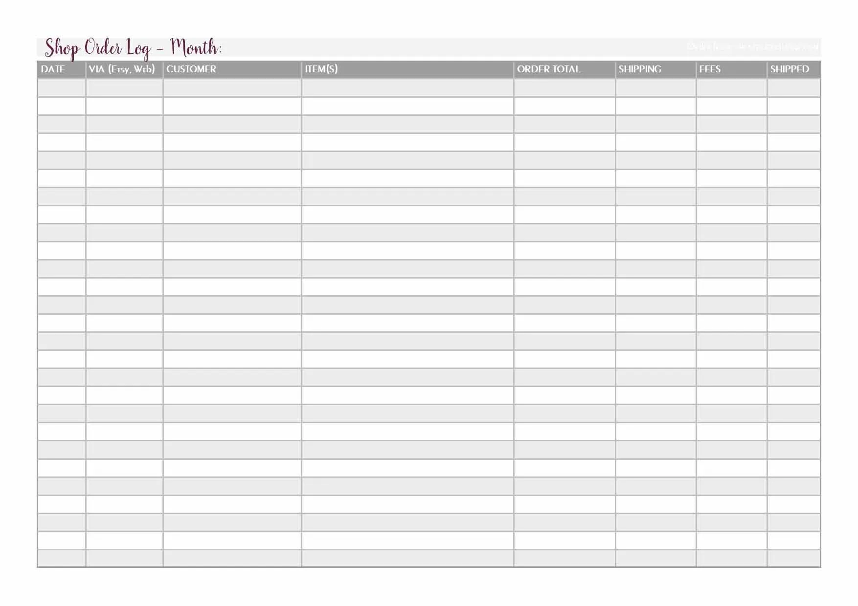 Shop Order Log - Tracker - Ledger - PDF Printable Download