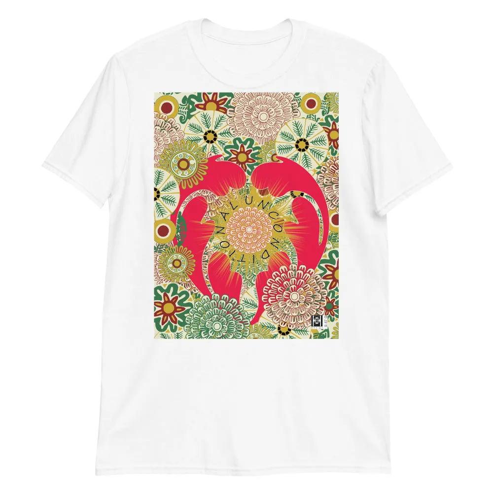 Short sleeve tee featuring a heart graphic with the message "unconditional." Colors:  black, white