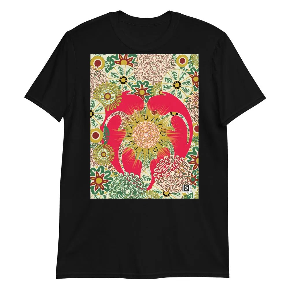 Short sleeve tee featuring a heart graphic with the message "unconditional." Colors:  black, white