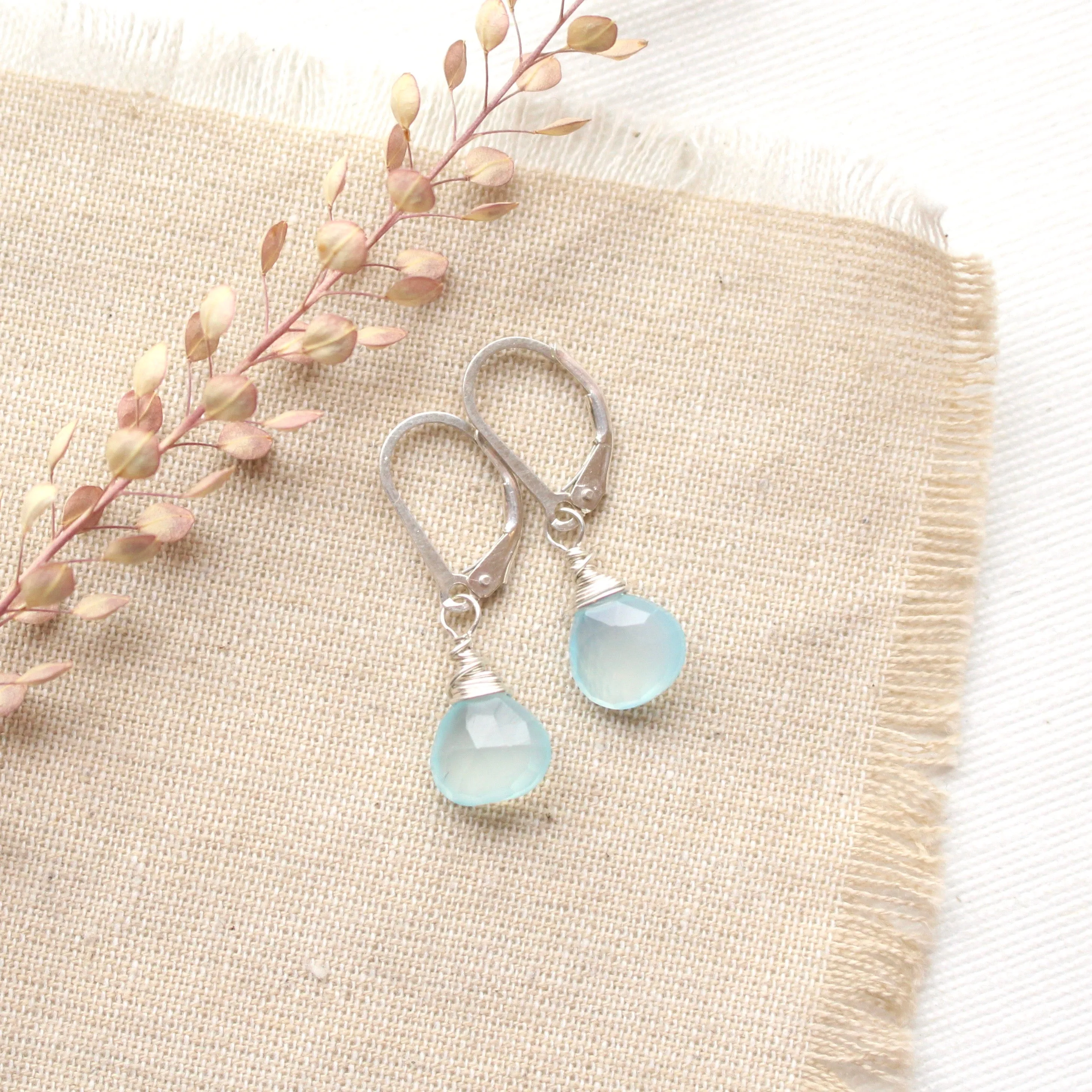 Silver Wrapped Aqua Chalcedony Briolette Earrings