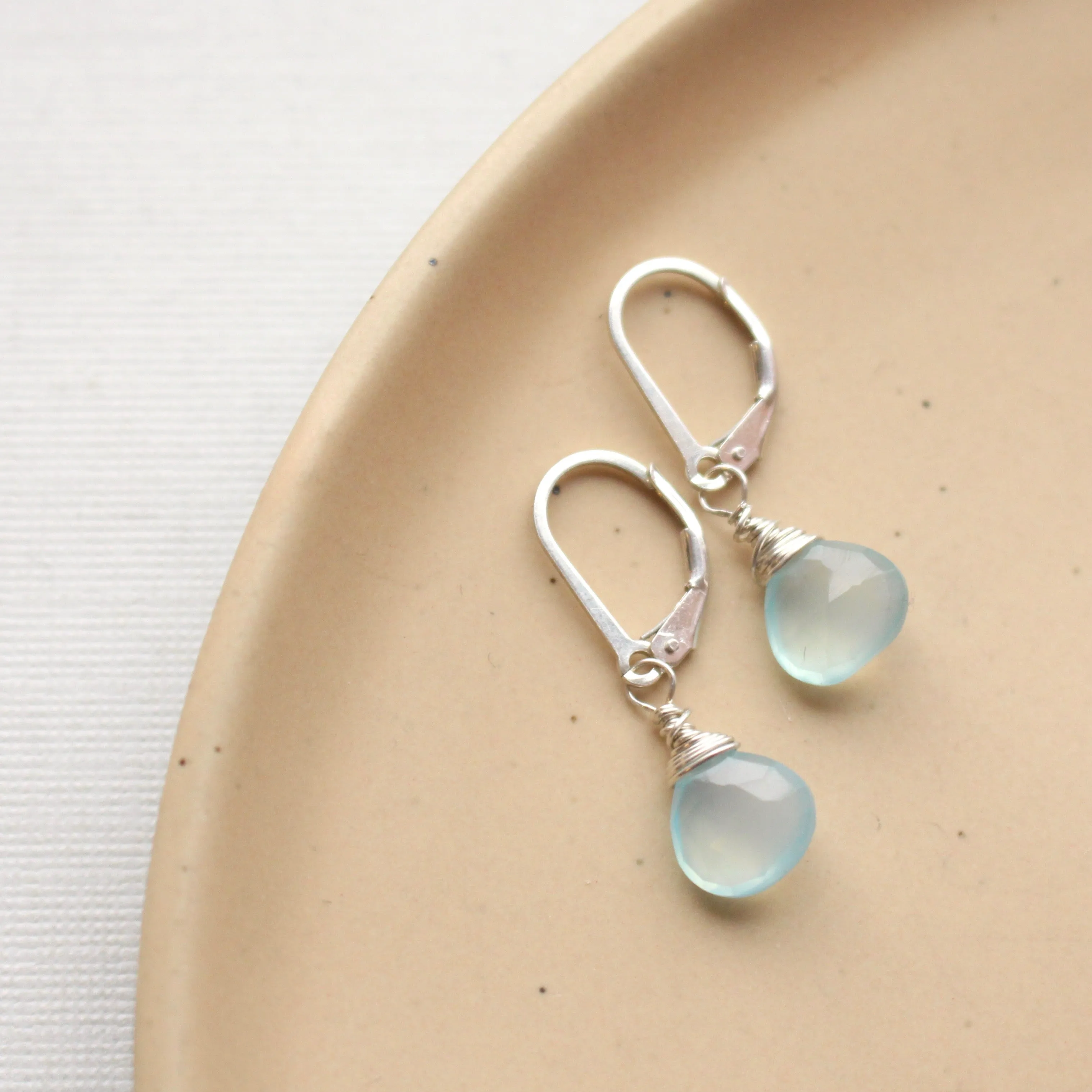 Silver Wrapped Aqua Chalcedony Briolette Earrings