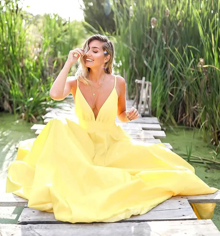 Simple Yellow Satin A-line Deep V Neck Backless Prom Dress With Sweep Train, SP625