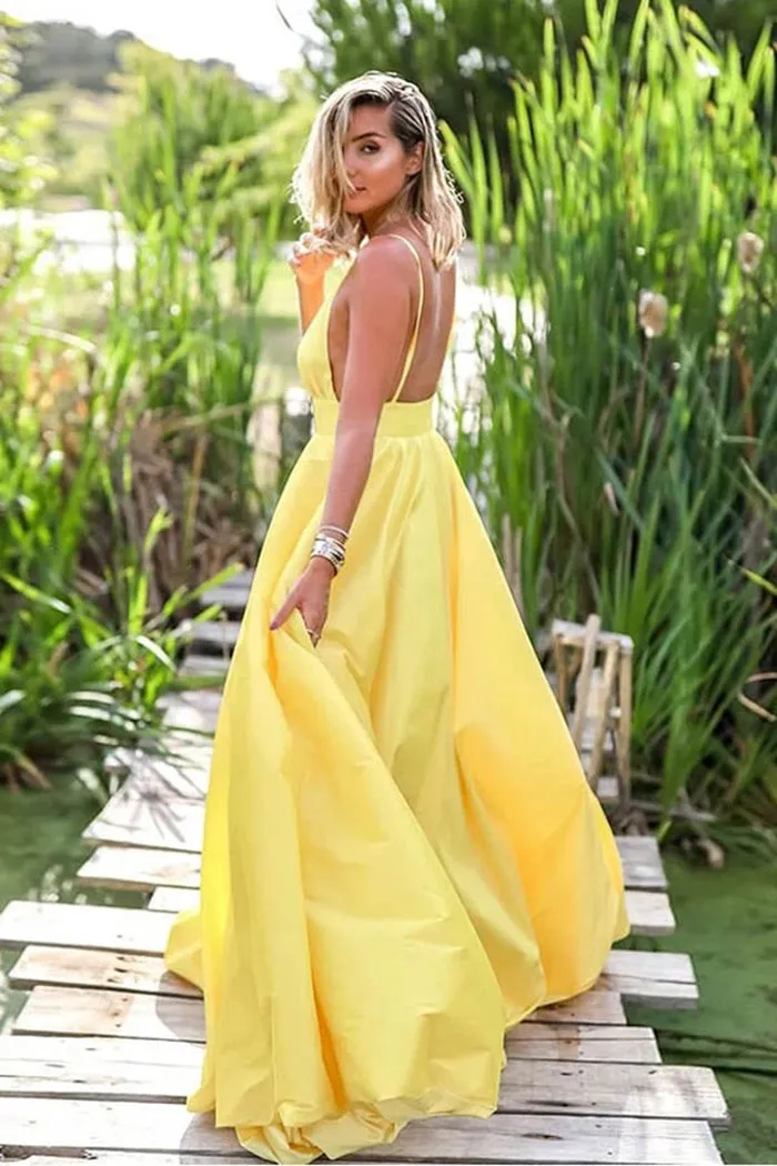 Simple Yellow Satin A-line Deep V Neck Backless Prom Dress With Sweep Train, SP625