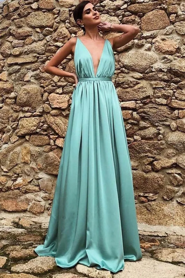 Simple Yellow Satin A-line Deep V Neck Backless Prom Dress With Sweep Train, SP625