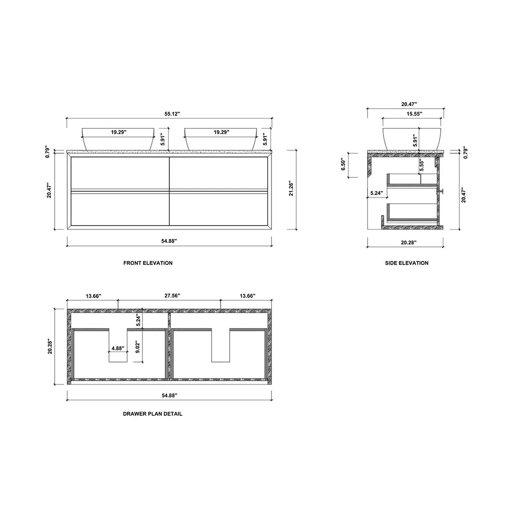 Sintra 4 Drawers Bathroom Vanity with Quartz Top and Vessel Sink - Wall Mount - 55" Wood/Whitewash Oak
