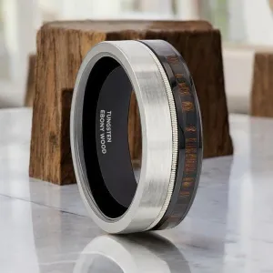 SLATE | Tungsten and Black Ceramic Ring Hybrid, Guitar String, Ebony Wood Inlay