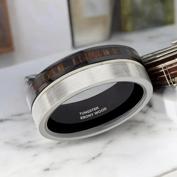 SLATE | Tungsten and Black Ceramic Ring Hybrid, Guitar String, Ebony Wood Inlay