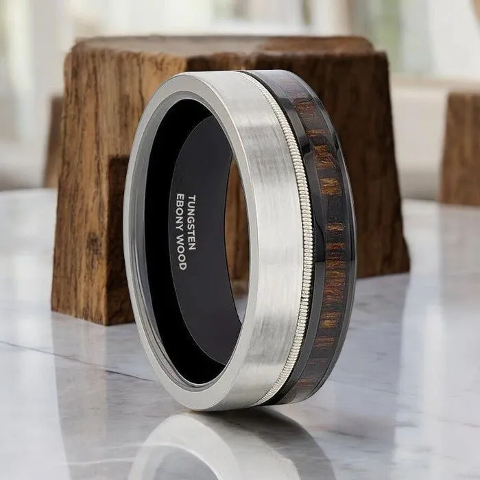 SLATE | Tungsten and Black Ceramic Ring Hybrid, Guitar String, Ebony Wood Inlay