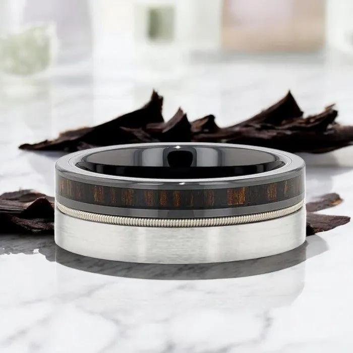 SLATE | Tungsten and Black Ceramic Ring Hybrid, Guitar String, Ebony Wood Inlay