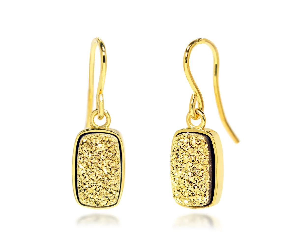 Small Rectangle 18K Gold Druzy Earrings in 14K Gold