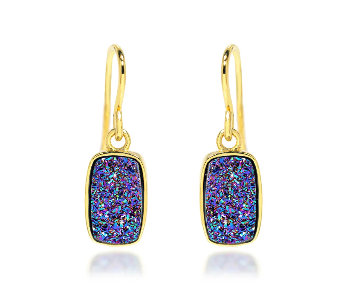 Small Rectangle Purple Rainbow Druzy 14K Vermeil Earrings