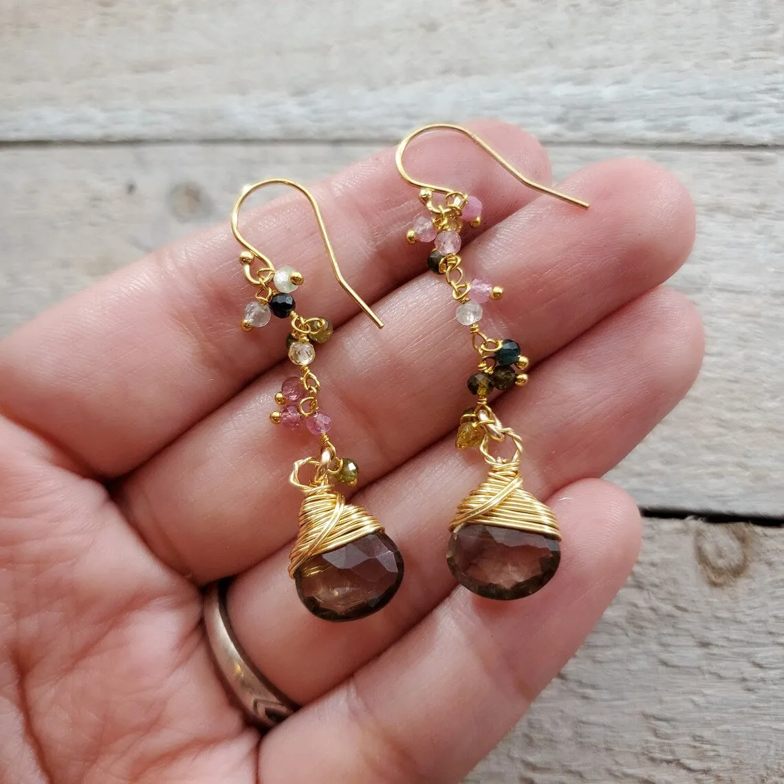 Smokey Topaz and Rainbow Tourmaline Gemstone 14k Gold Filled Earrings