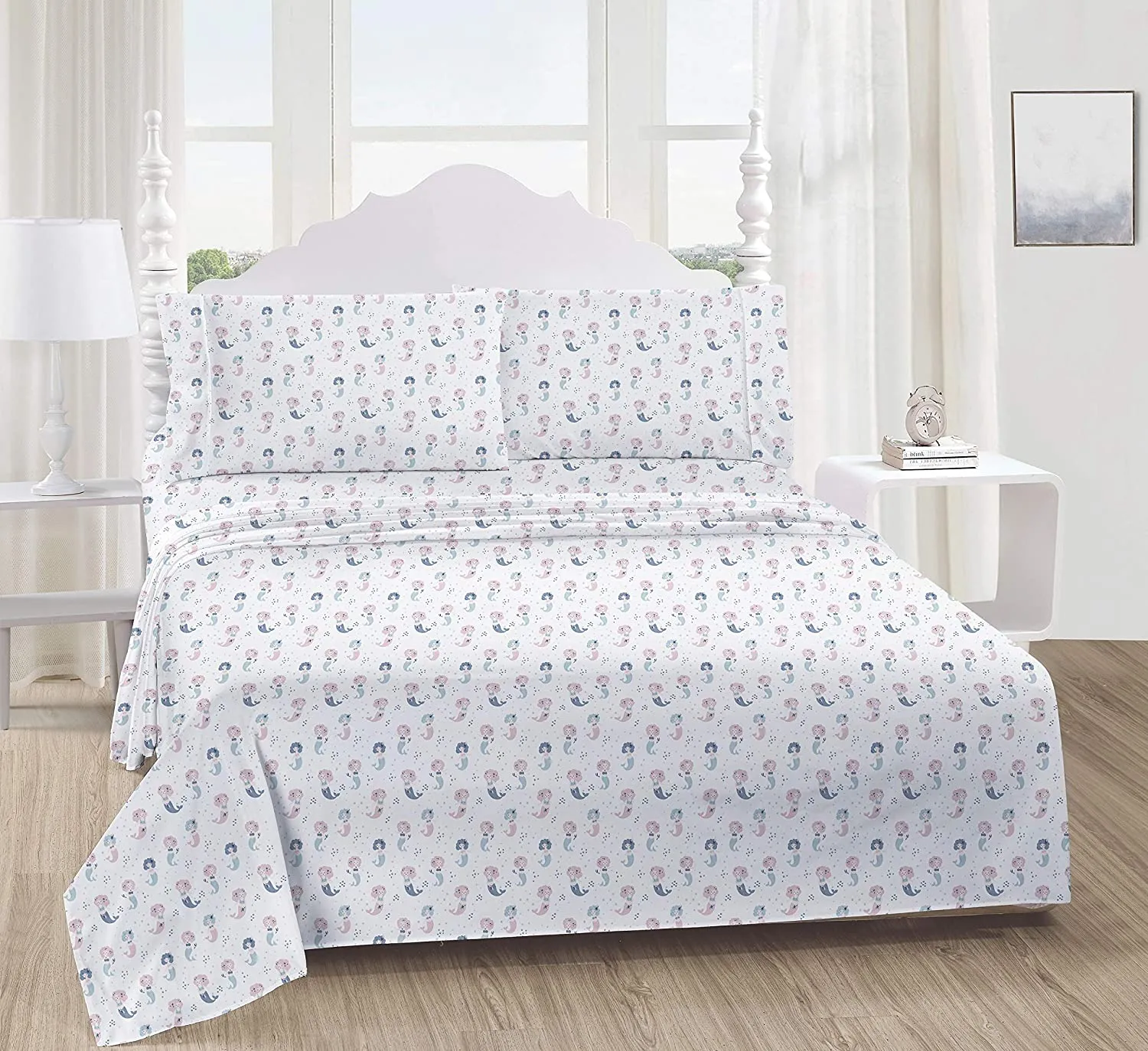 Softan Full Bed Sheet Set for Kids, 4 PC Mermaid Printed Brushed Microfiber Children Bedding Set, Super Soft & Easy Care, 1 Flat Sheet, 1 Deep Pocket Fitted Sheet, and 2 Pillow Cases