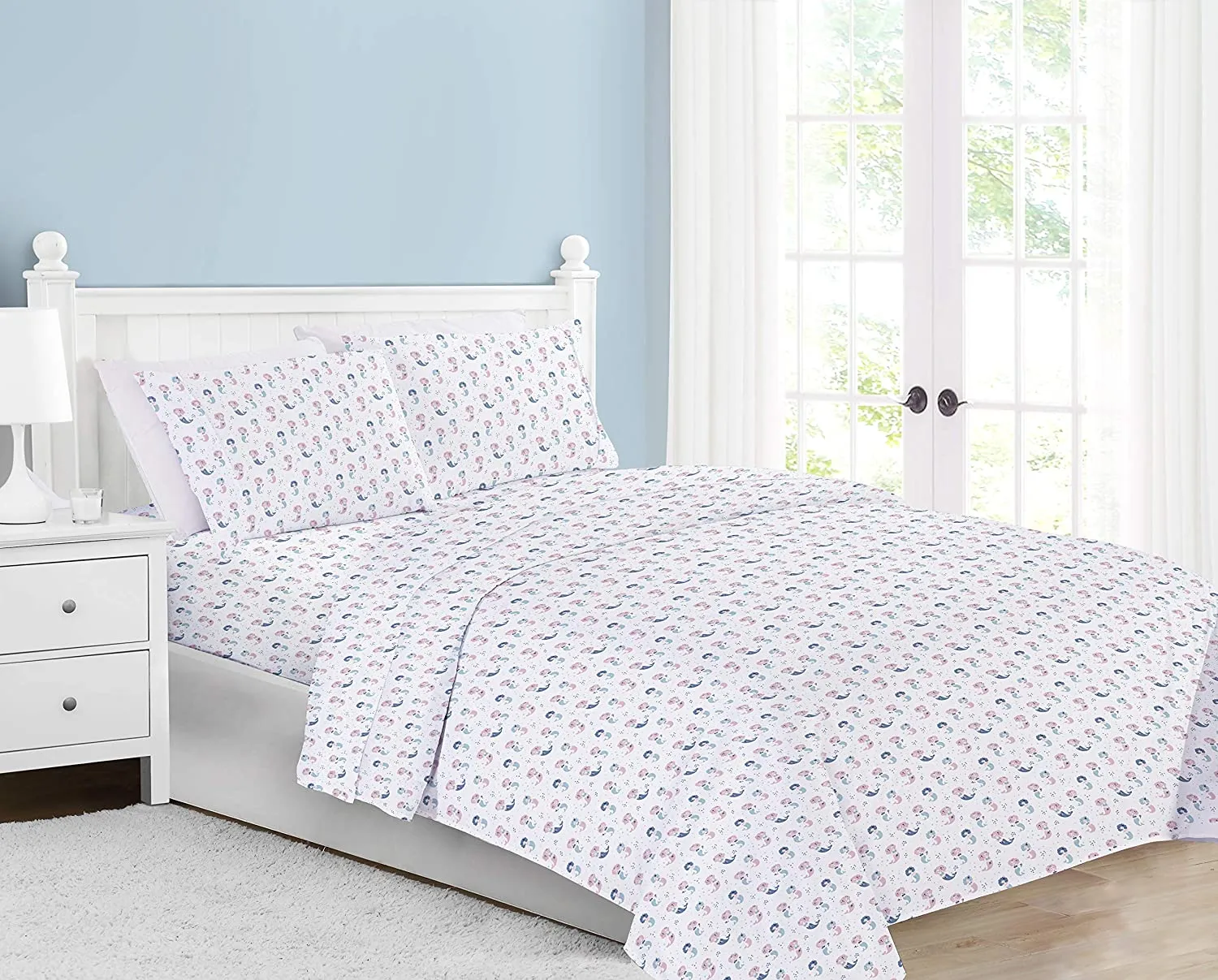 Softan Full Bed Sheet Set for Kids, 4 PC Mermaid Printed Brushed Microfiber Children Bedding Set, Super Soft & Easy Care, 1 Flat Sheet, 1 Deep Pocket Fitted Sheet, and 2 Pillow Cases