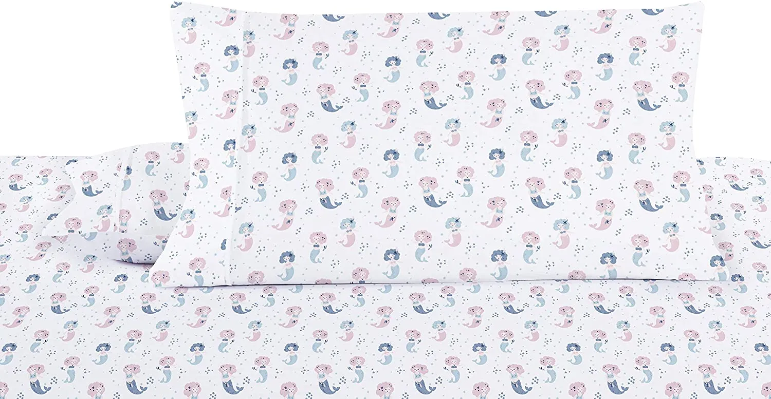 Softan Full Bed Sheet Set for Kids, 4 PC Mermaid Printed Brushed Microfiber Children Bedding Set, Super Soft & Easy Care, 1 Flat Sheet, 1 Deep Pocket Fitted Sheet, and 2 Pillow Cases