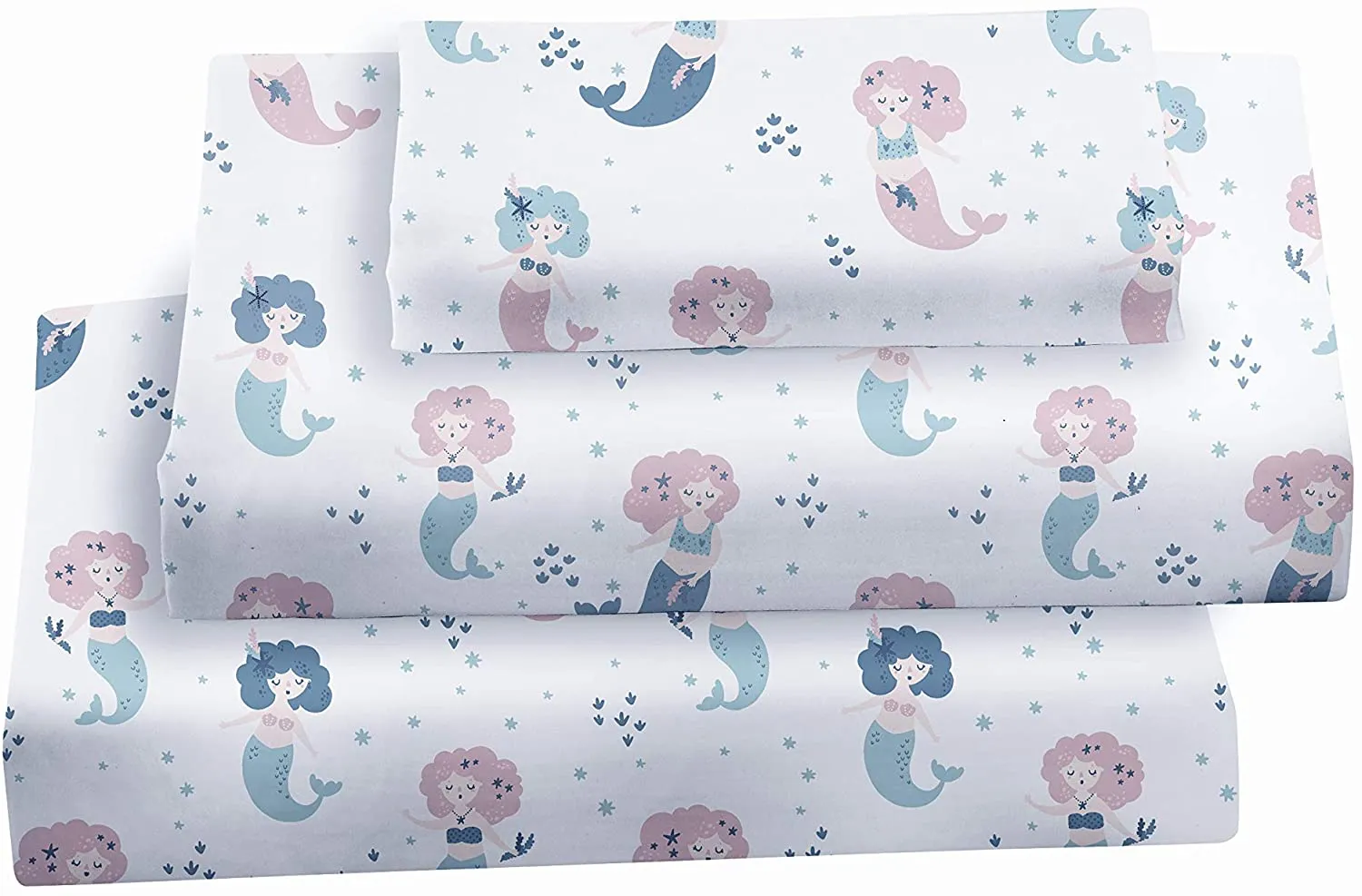 Softan Full Bed Sheet Set for Kids, 4 PC Mermaid Printed Brushed Microfiber Children Bedding Set, Super Soft & Easy Care, 1 Flat Sheet, 1 Deep Pocket Fitted Sheet, and 2 Pillow Cases