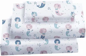 Softan Full Bed Sheet Set for Kids, 4 PC Mermaid Printed Brushed Microfiber Children Bedding Set, Super Soft & Easy Care, 1 Flat Sheet, 1 Deep Pocket Fitted Sheet, and 2 Pillow Cases