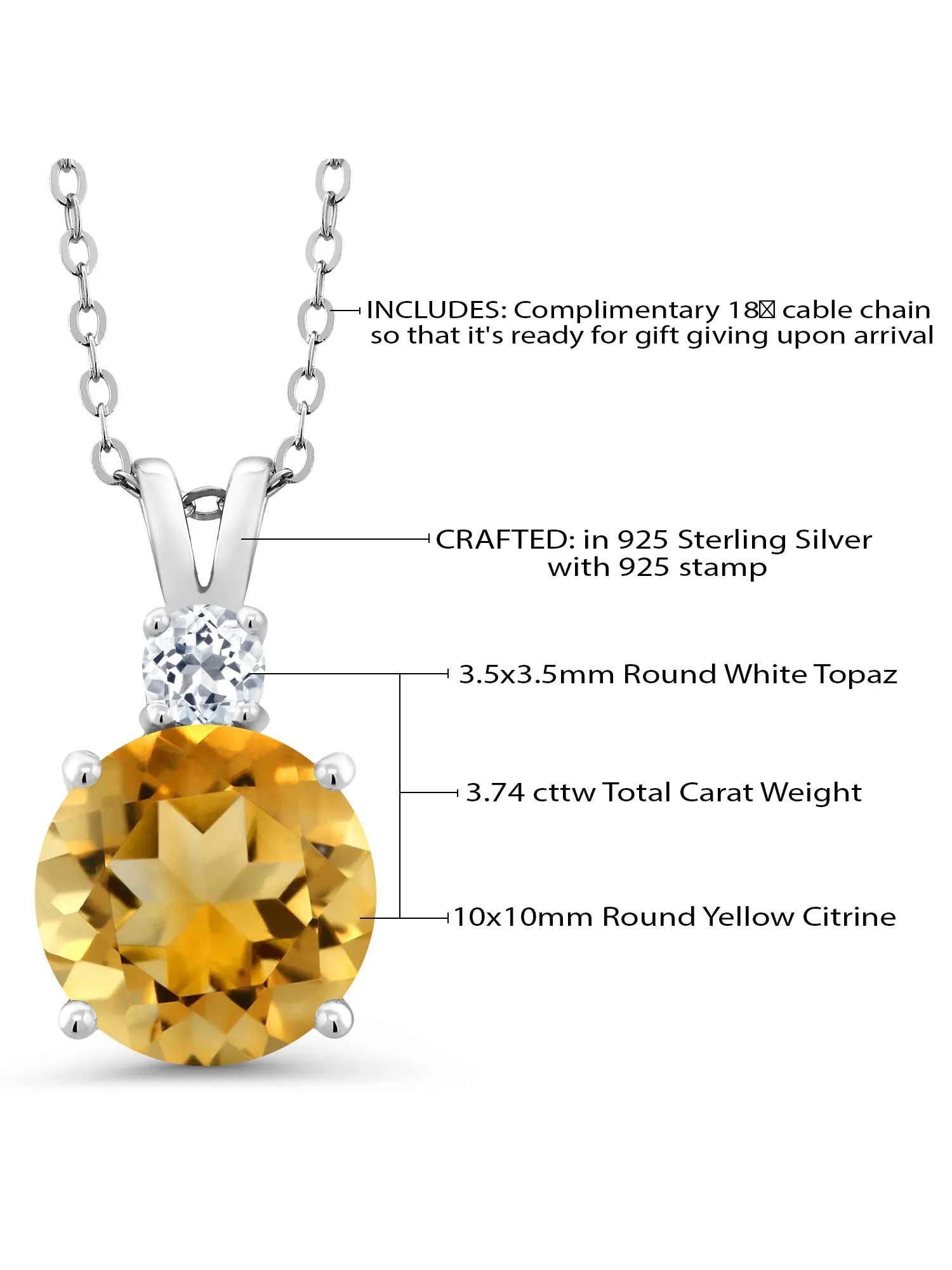 Solid 925 Sterling Silver Women's Pendant Topaz Necklace