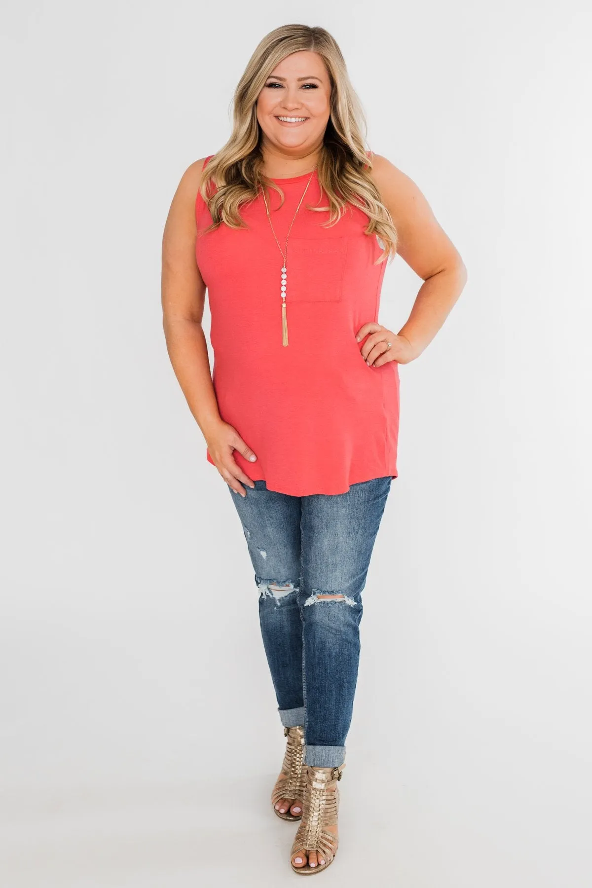 Solid Pocket Tank Top- Deep Coral