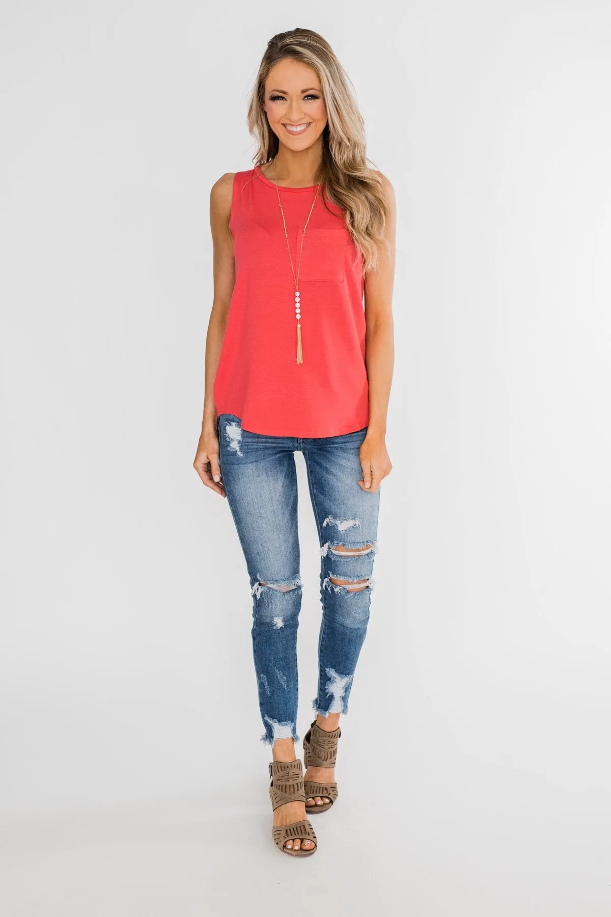 Solid Pocket Tank Top- Deep Coral