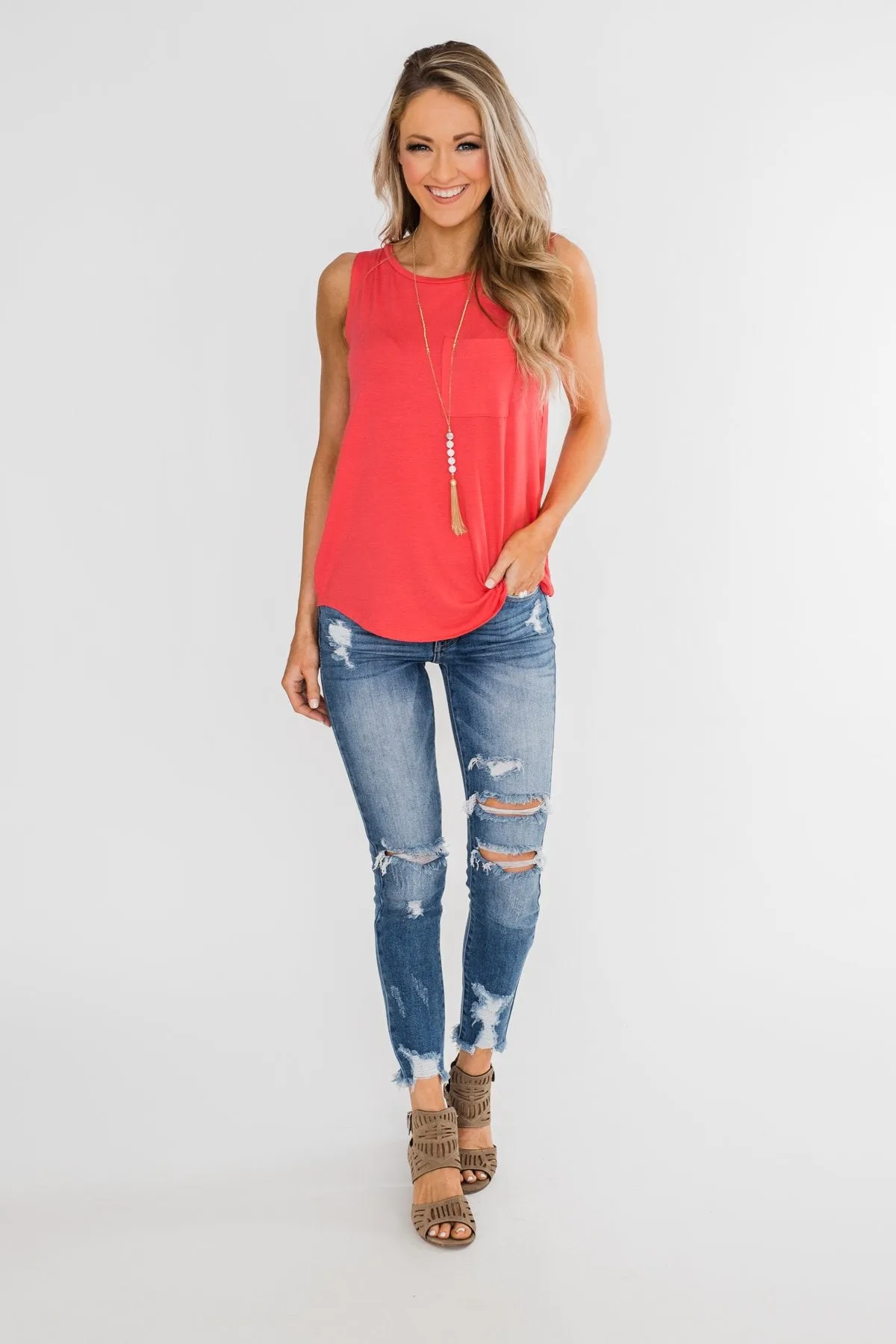 Solid Pocket Tank Top- Deep Coral