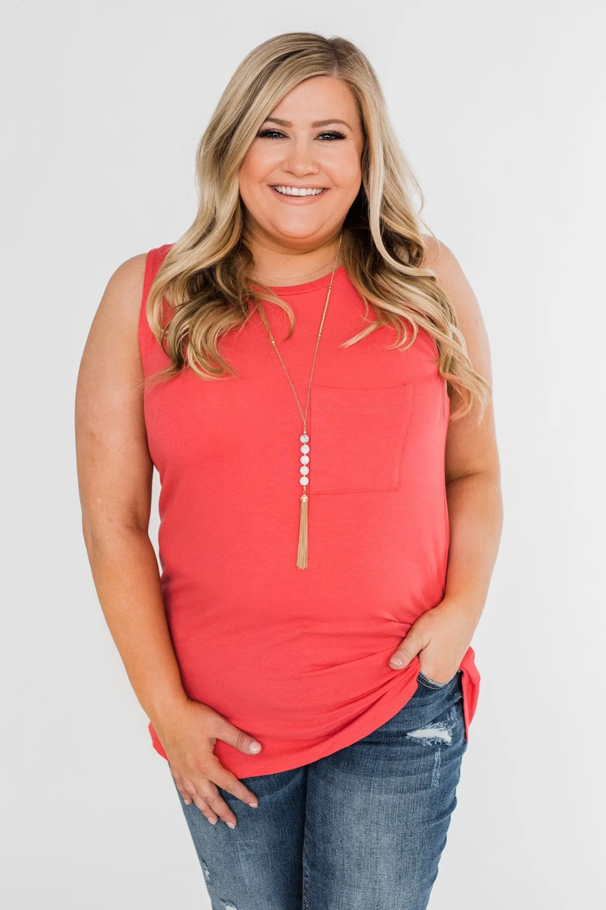 Solid Pocket Tank Top- Deep Coral