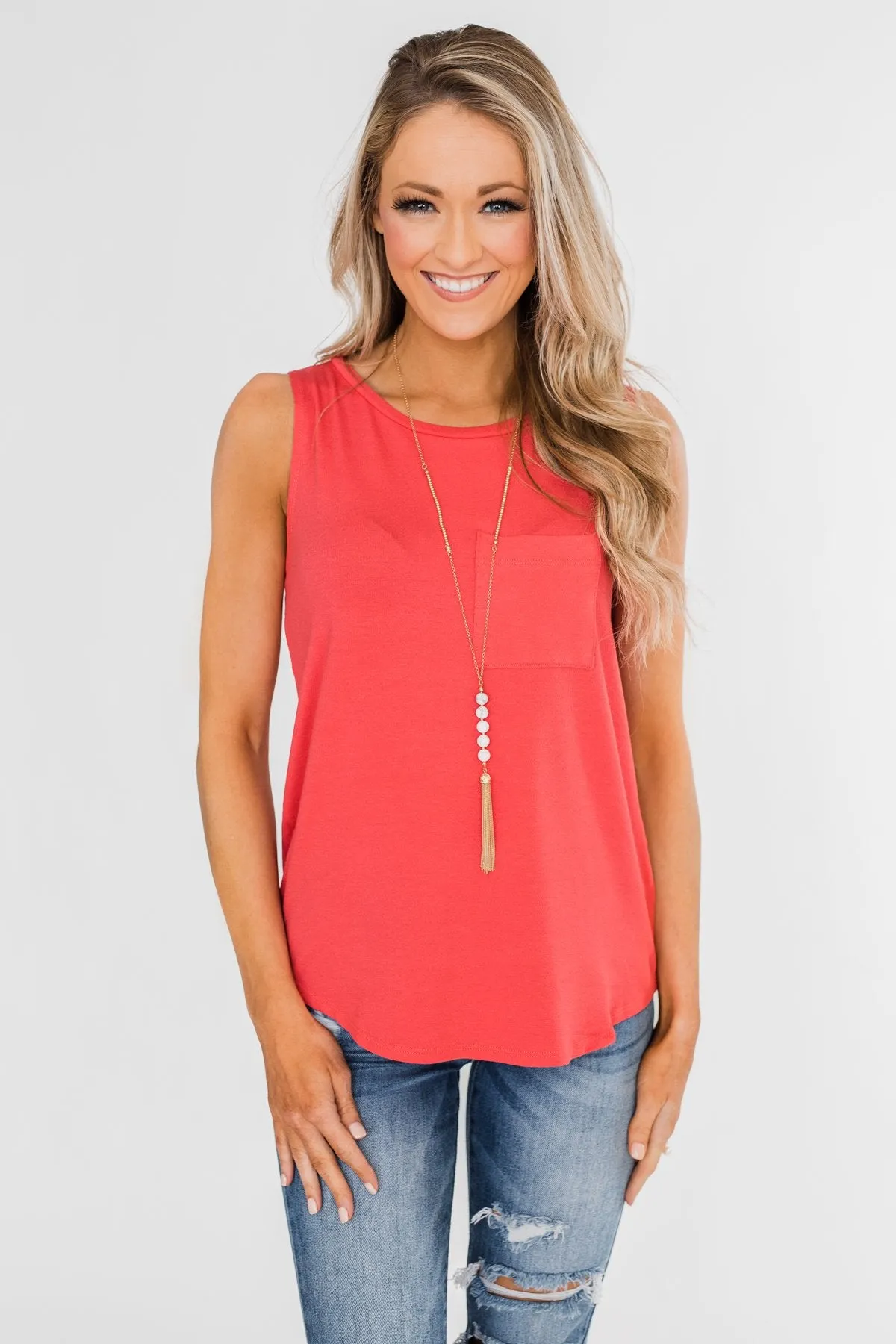 Solid Pocket Tank Top- Deep Coral