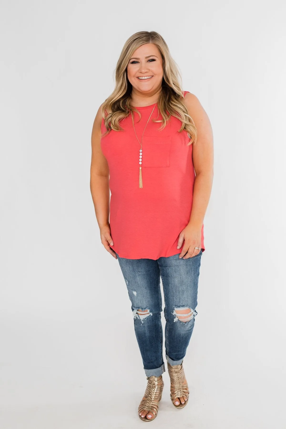 Solid Pocket Tank Top- Deep Coral