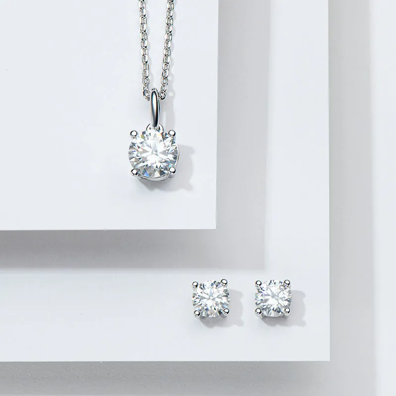 Solitaire Round Cut Sparkling 5mm Moissanite Stud Earrings & 6.5mm Moissanite Necklace Set