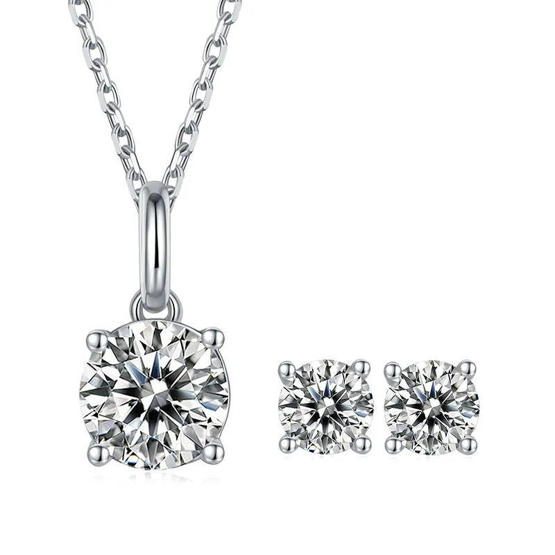 Solitaire Round Cut Sparkling 5mm Moissanite Stud Earrings & 6.5mm Moissanite Necklace Set