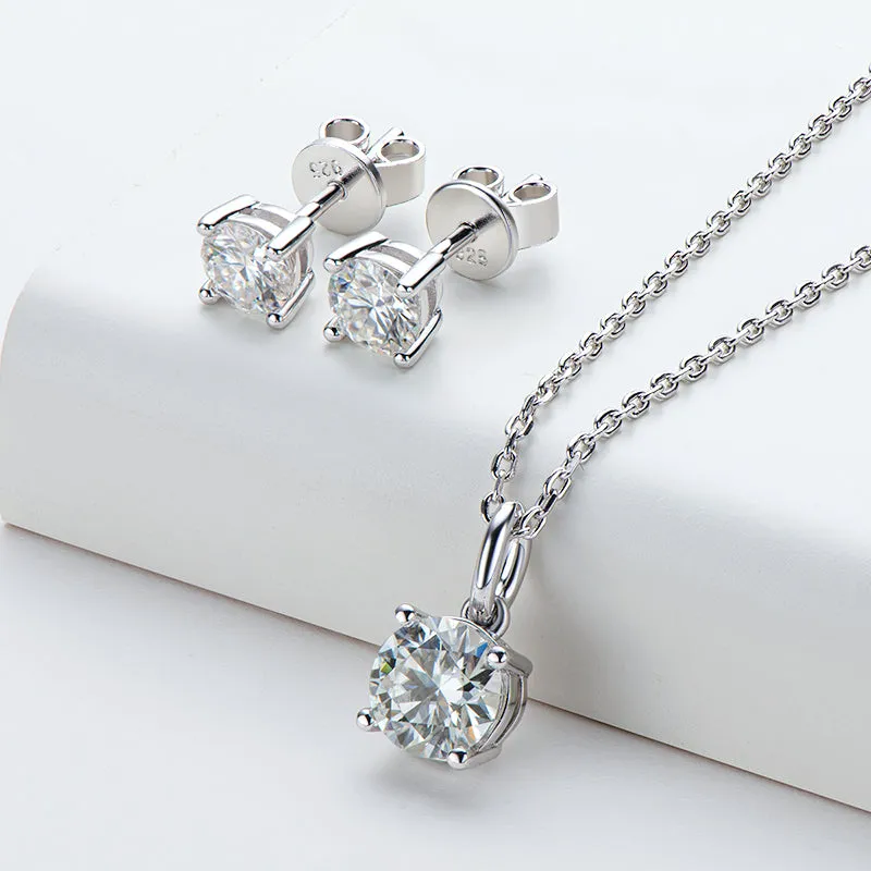 Solitaire Round Cut Sparkling 5mm Moissanite Stud Earrings & 6.5mm Moissanite Necklace Set