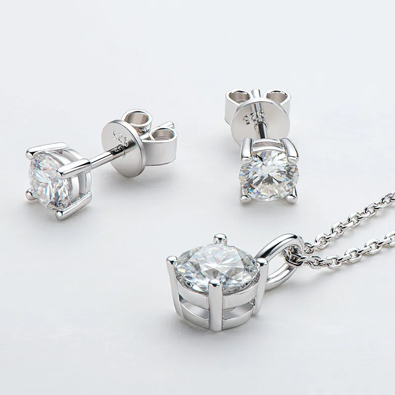 Solitaire Round Cut Sparkling 5mm Moissanite Stud Earrings & 6.5mm Moissanite Necklace Set
