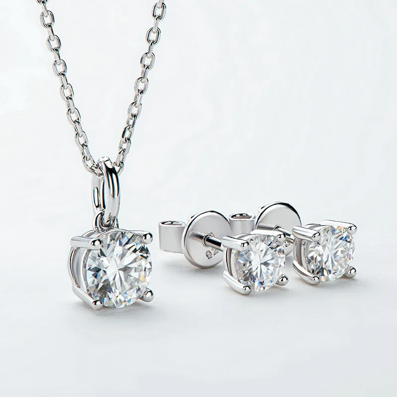 Solitaire Round Cut Sparkling 5mm Moissanite Stud Earrings & 6.5mm Moissanite Necklace Set