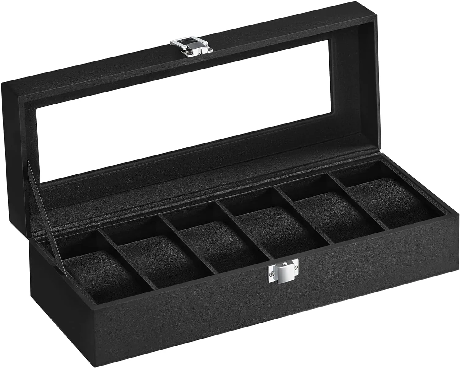SONGMICS Watch Box for 6 Watches with Glass Lid and Removable Watch Pillows Black Synthetic Leather Grey Lining JWB06BK