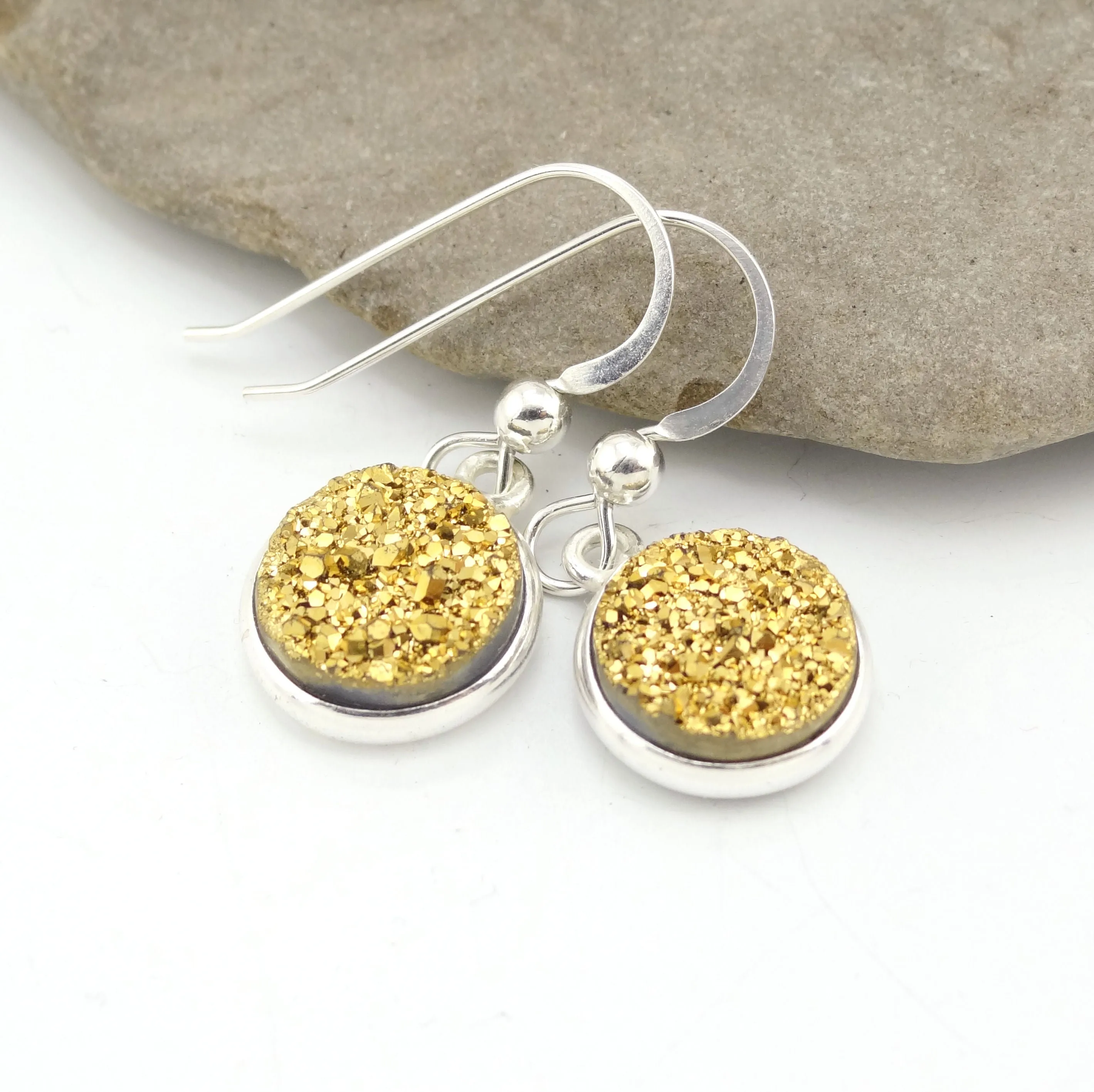 Sparkly Round Druzy Earrings Gold With Silver Trim