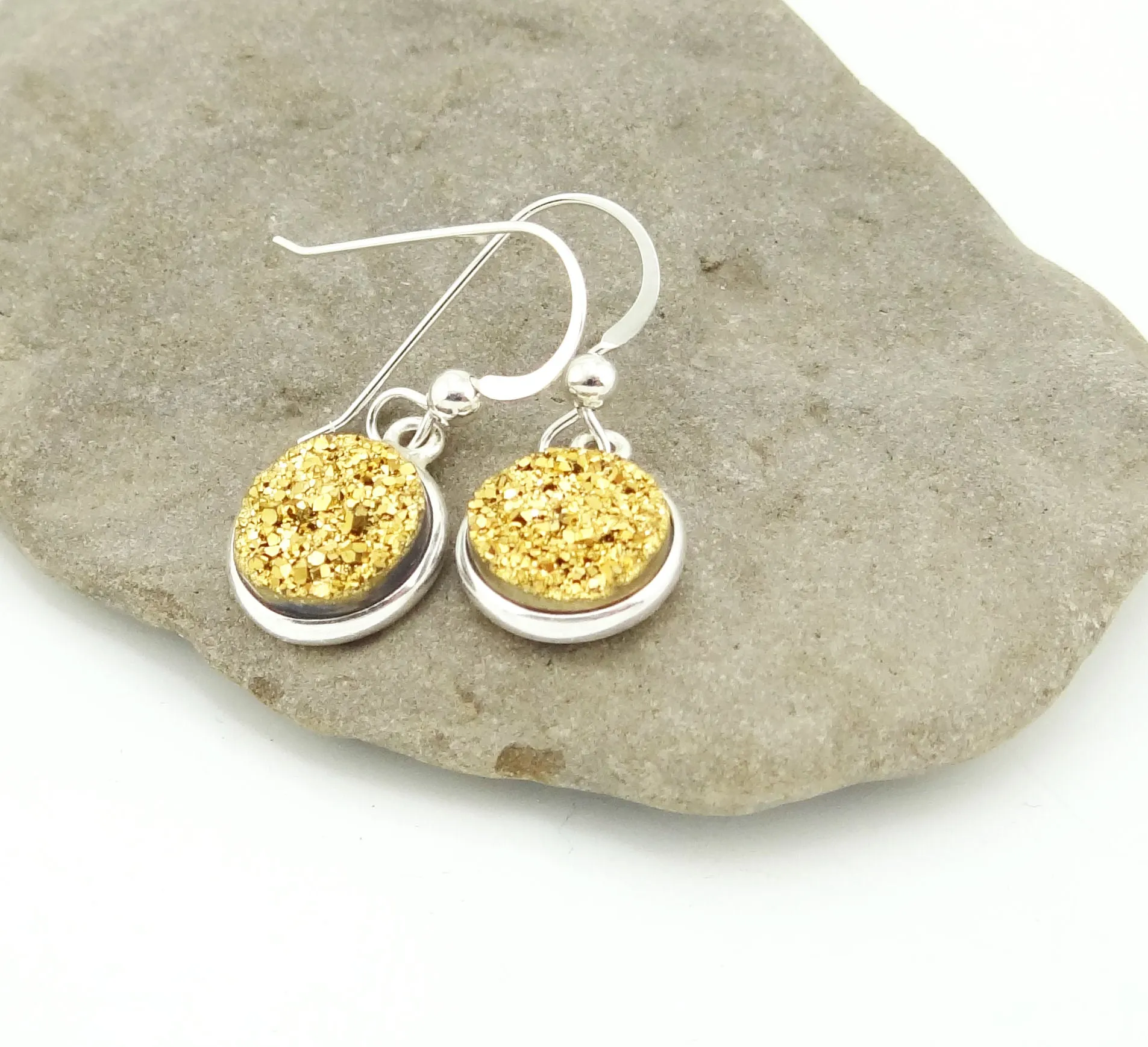 Sparkly Round Druzy Earrings Gold With Silver Trim