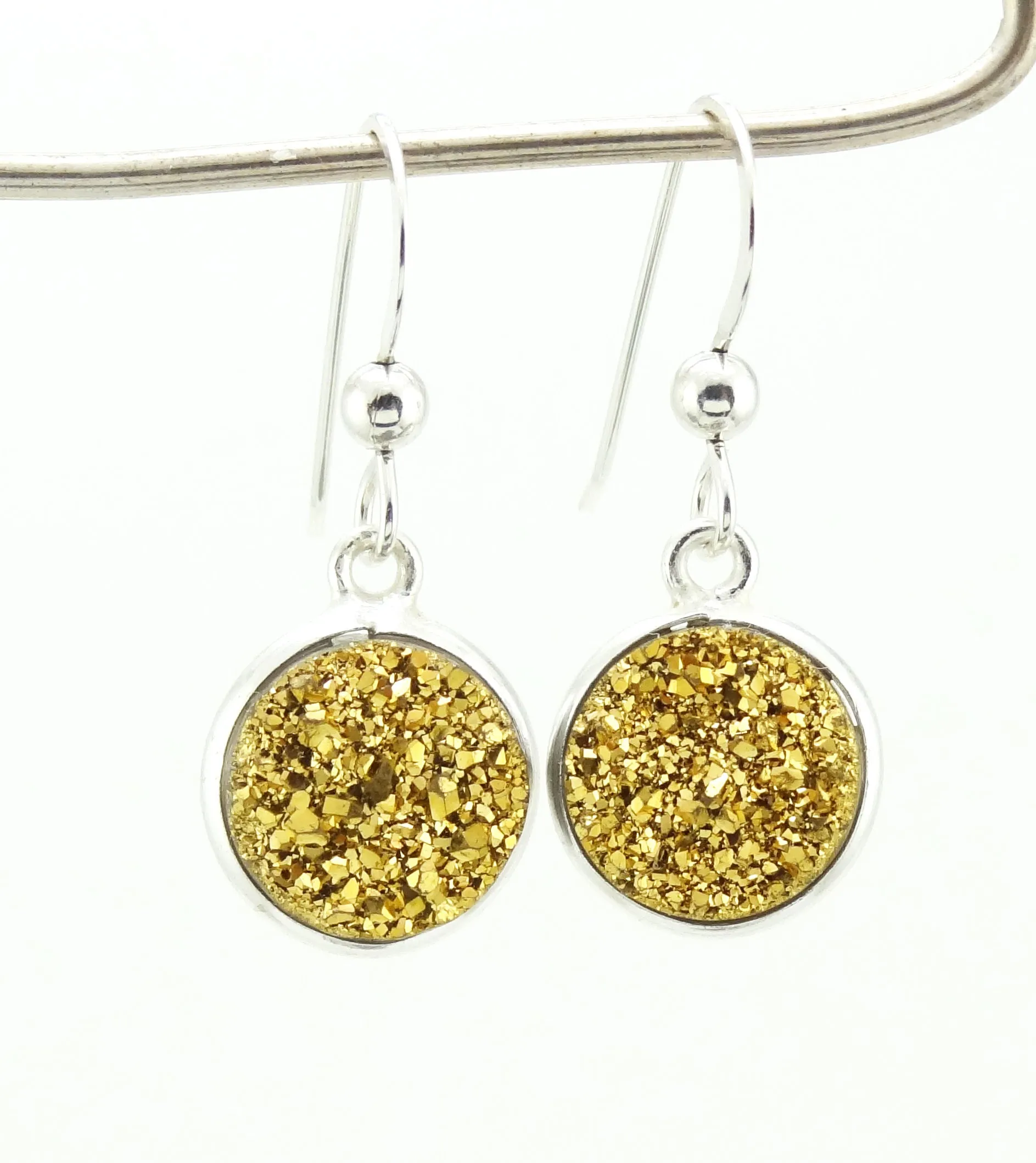 Sparkly Round Druzy Earrings Gold With Silver Trim