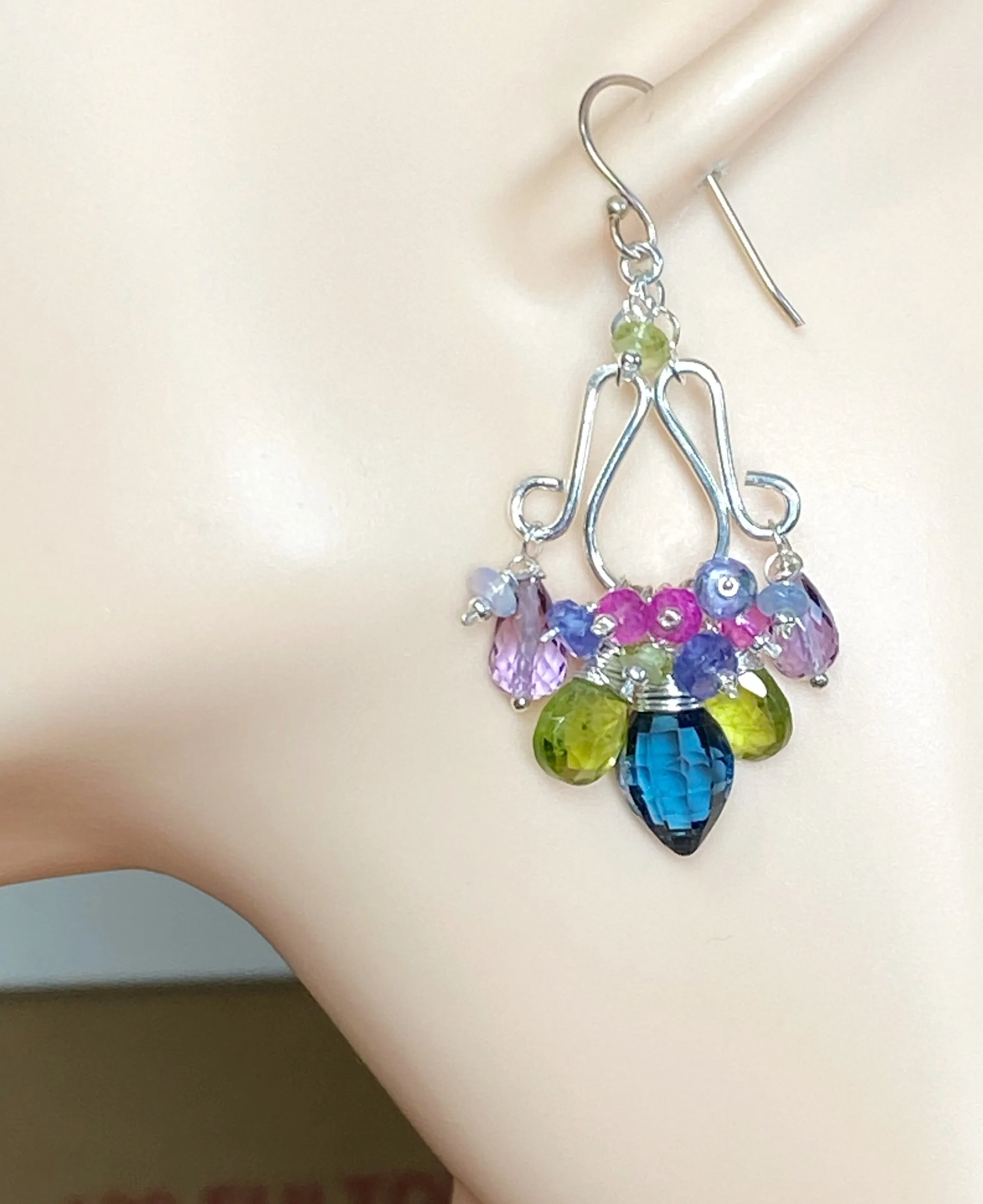 Sterling Silver Chandelier Earrings London Blue Topaz Peridot Leverback