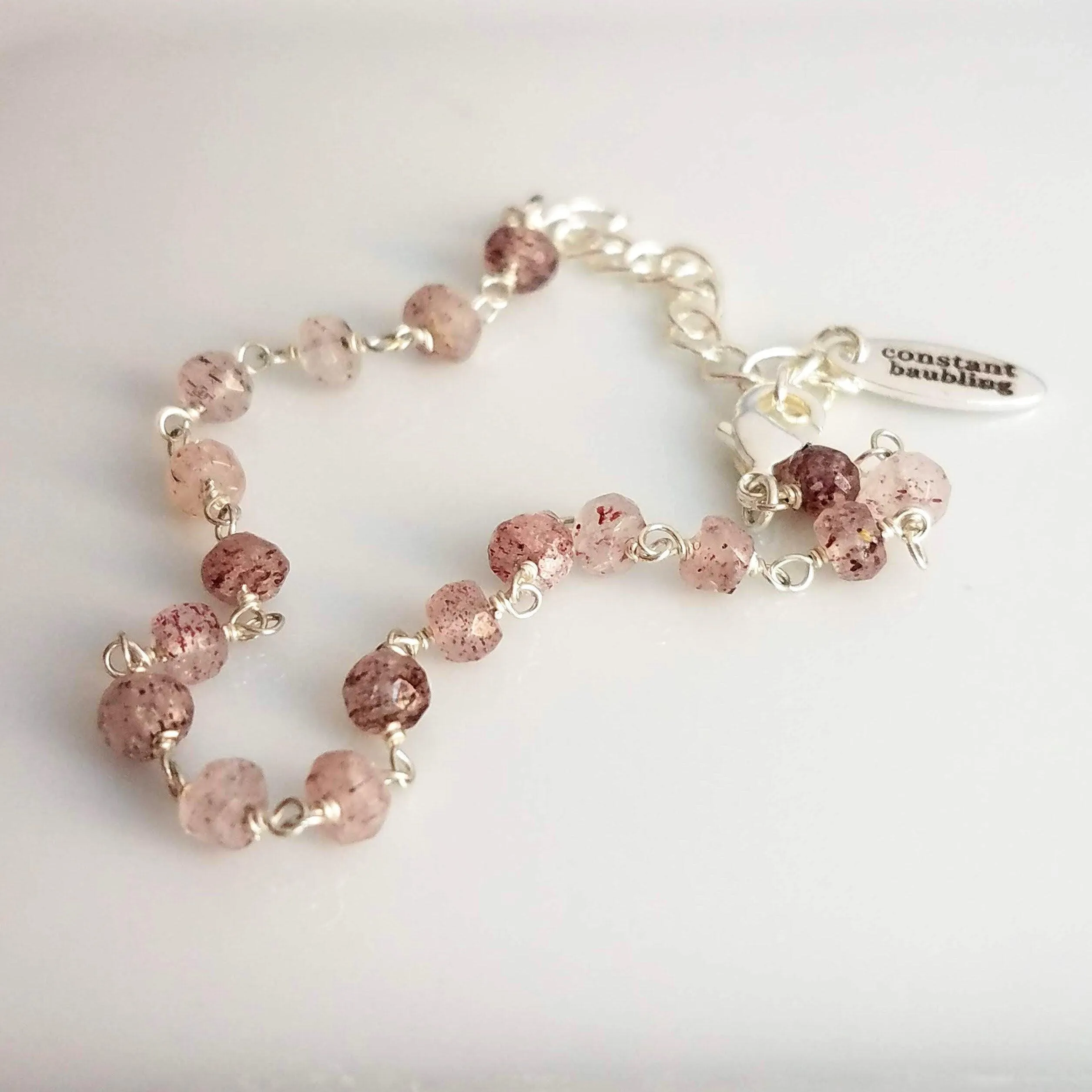Strawberry Quartz Bracelet- pink tiny speckled pale gemstone w/ adjustable silver chain, love energy vibration, Aries stone, heart chakra