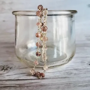 Strawberry Quartz Bracelet- pink tiny speckled pale gemstone w/ adjustable silver chain, love energy vibration, Aries stone, heart chakra
