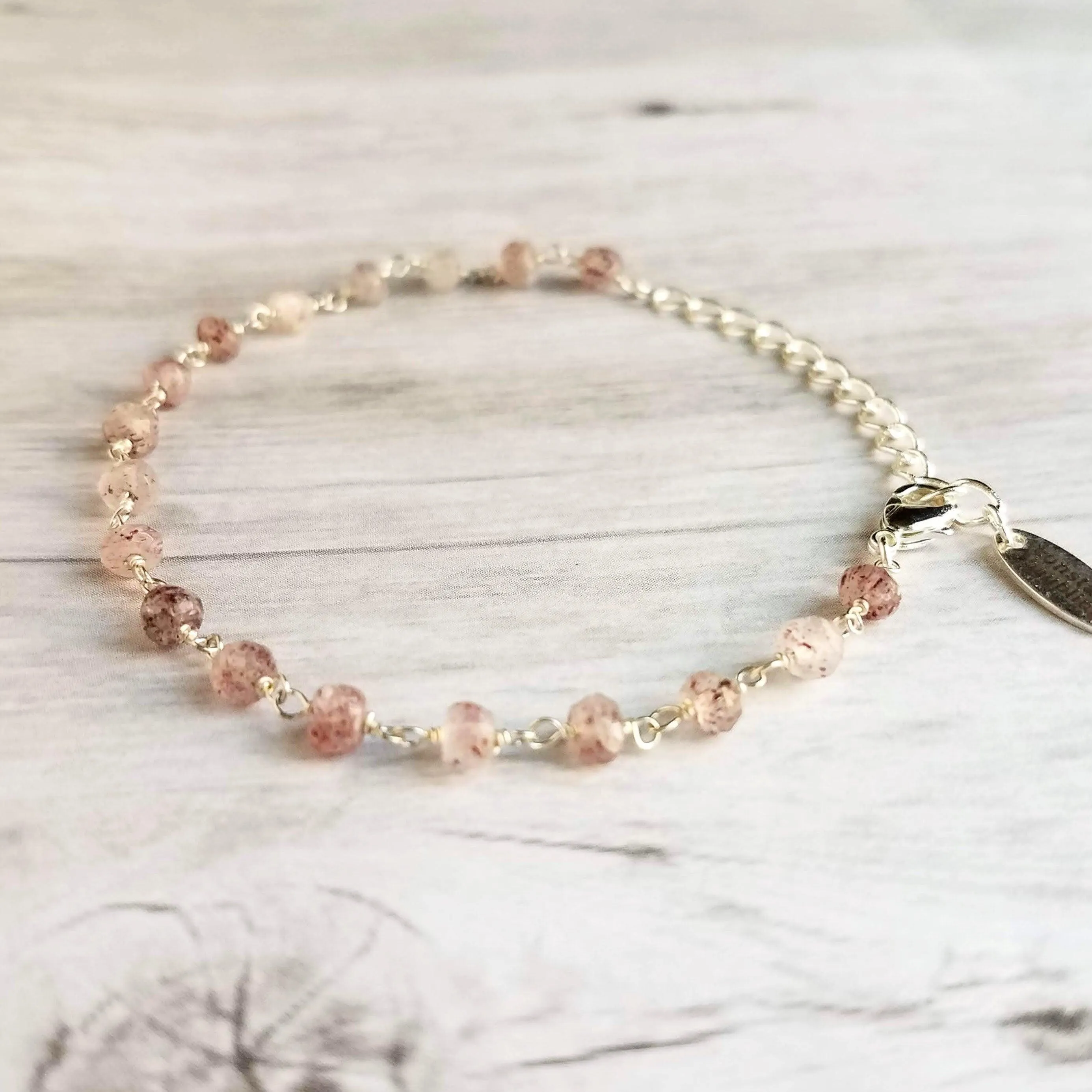 Strawberry Quartz Bracelet- pink tiny speckled pale gemstone w/ adjustable silver chain, love energy vibration, Aries stone, heart chakra