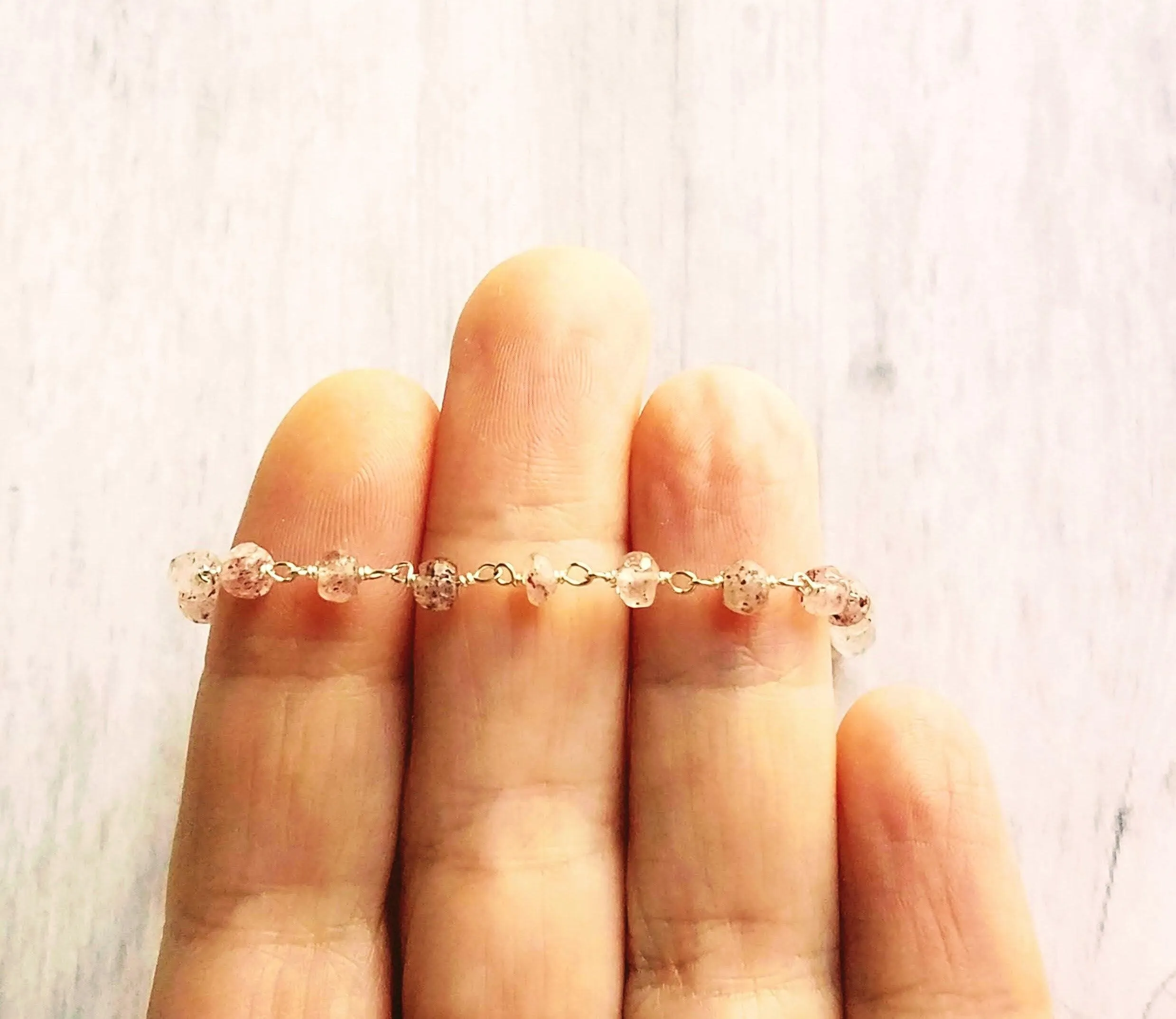 Strawberry Quartz Bracelet- pink tiny speckled pale gemstone w/ adjustable silver chain, love energy vibration, Aries stone, heart chakra
