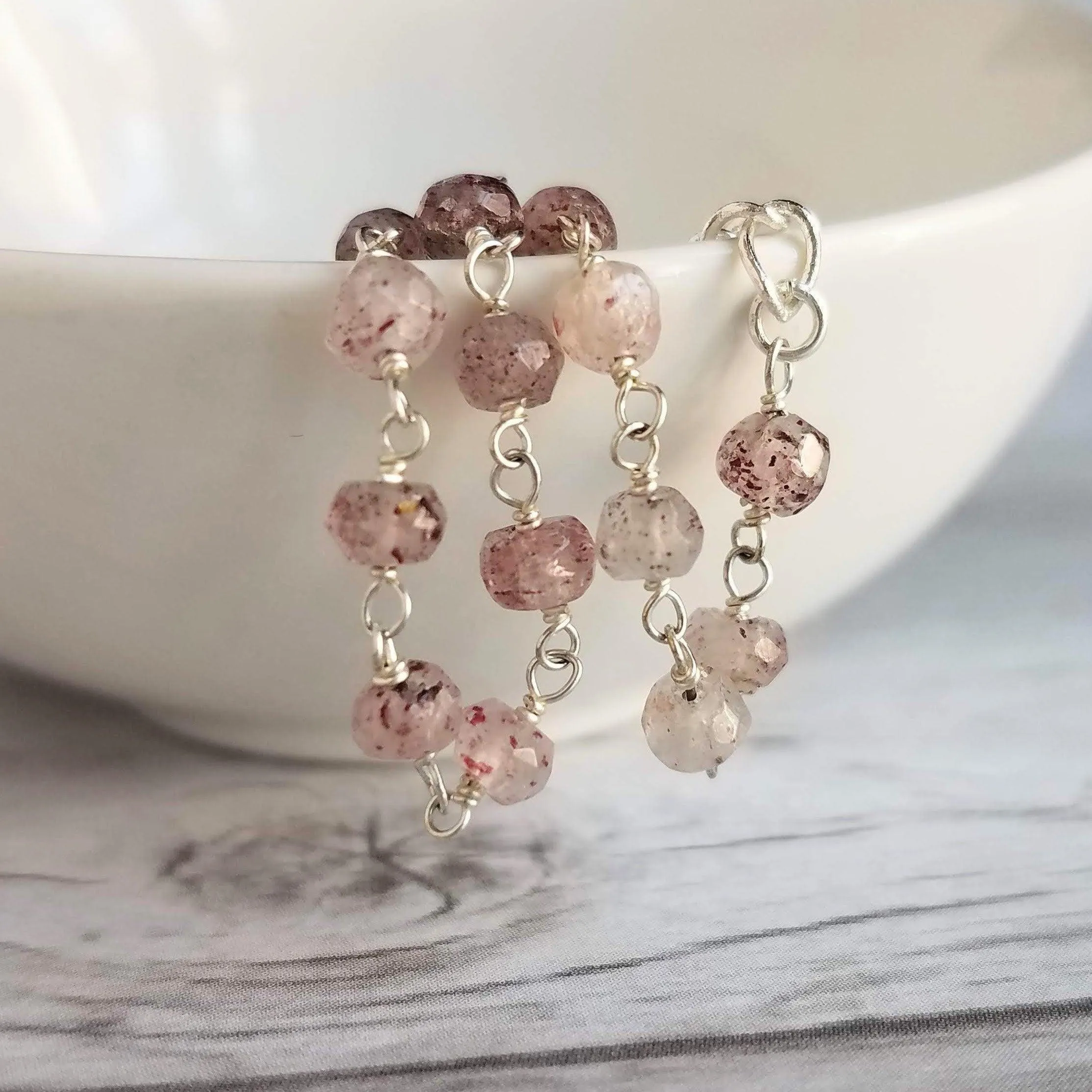 Strawberry Quartz Bracelet- pink tiny speckled pale gemstone w/ adjustable silver chain, love energy vibration, Aries stone, heart chakra