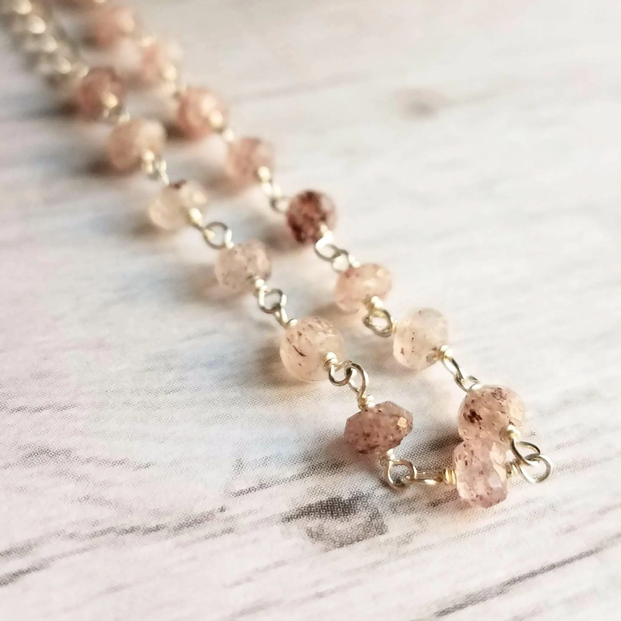 Strawberry Quartz Bracelet- pink tiny speckled pale gemstone w/ adjustable silver chain, love energy vibration, Aries stone, heart chakra