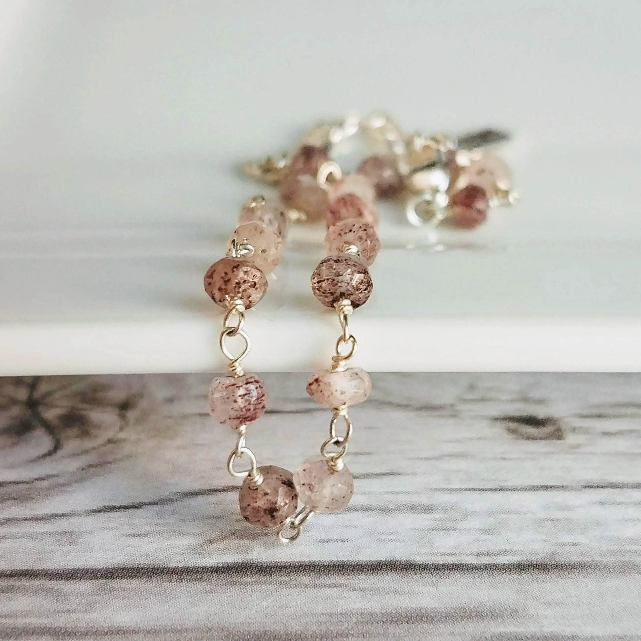 Strawberry Quartz Bracelet- pink tiny speckled pale gemstone w/ adjustable silver chain, love energy vibration, Aries stone, heart chakra