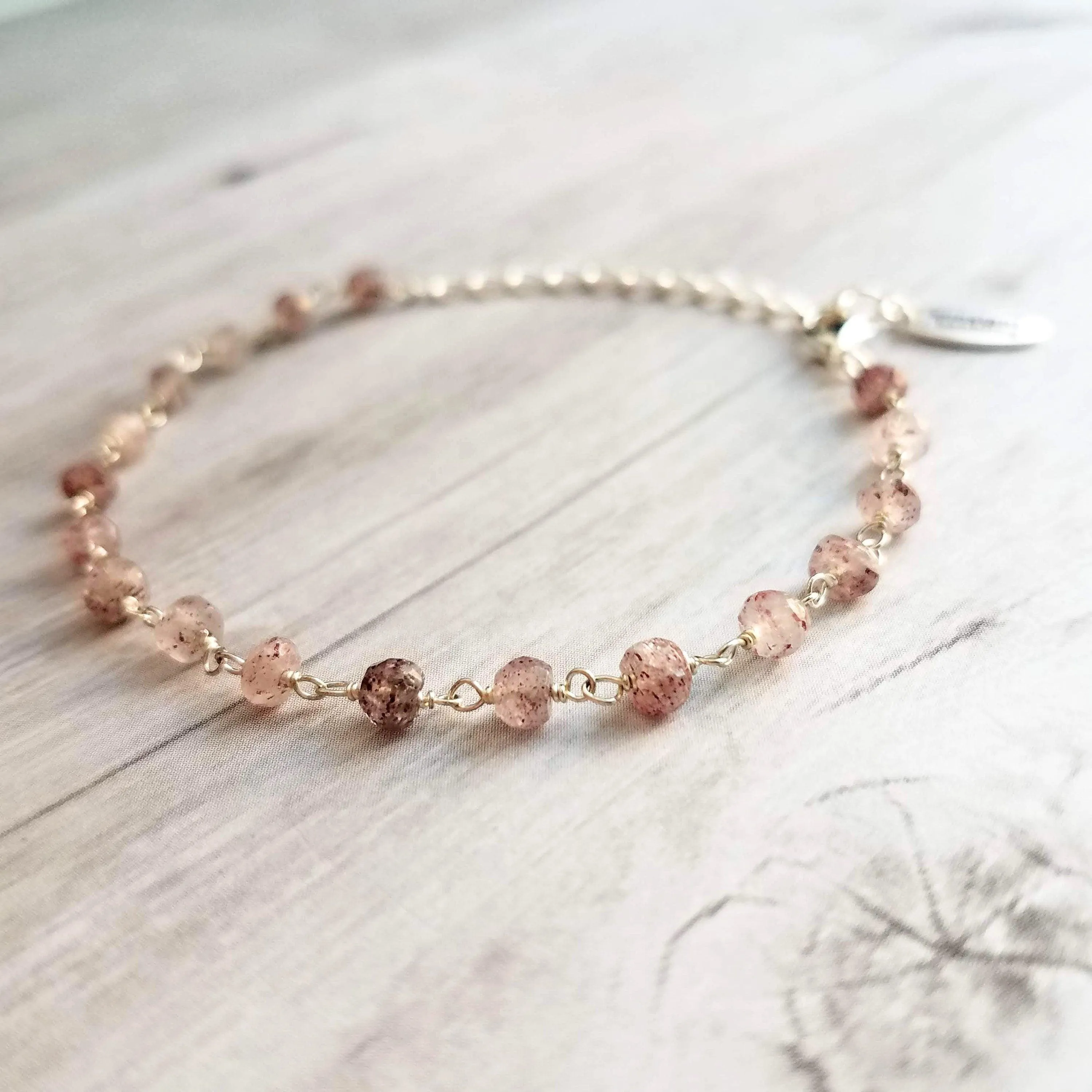 Strawberry Quartz Bracelet- pink tiny speckled pale gemstone w/ adjustable silver chain, love energy vibration, Aries stone, heart chakra